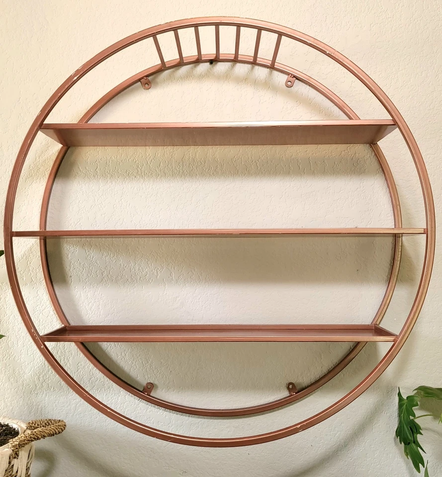 Vintage Industrial Modern 32" Round Metal 3 Tier Shelf Wall Display Terra Cotta - Image 4 of 4