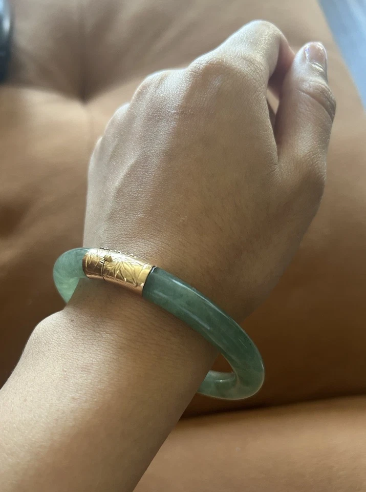 Brazalete Brazalete Vintage Oro Amarillo 14K Nefrita Jade Cierre Buena Fortuna Foto 3 de 4