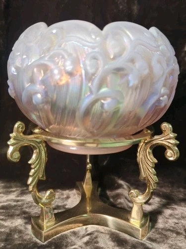 Fenton Opalescent Pink Lily Of The Valley Rose Bowl Candle Holder W/ Brass Stand