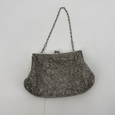 Vintage La Regale Silver Beaded Clutch Bag Evening Satin Small