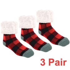 3 Pair Pudus Slipper Socks Lumberjack Red Plaid Fluffy White Cozy Fuzzy Non-Slip