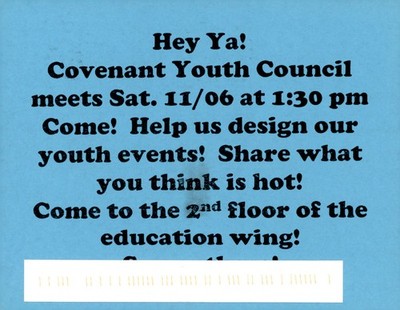 Covenant Youth Council Meeting, 2001 Event Design Session Postcard
