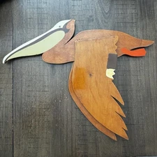 Rare Vtg Large Wood Pelican Hanging Flying Weighted Wings Hand Painted 22.5”x18”