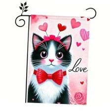 Valentine  s Day Cat Garden Flag 12x18 Inch Double Sided Love Cat With A Bow