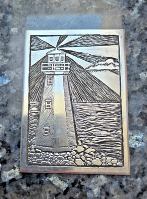 Lighthouse ACEO , Original, OOAK, Hand-Engraved Aluminum  #30 HN Free Shipping
