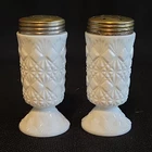 Vintage White Milk Glass Starburst Salt & Pepper Shakers Set w/ Metal Lids 4"