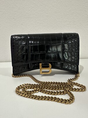Balenciaga Womens Croc Embossed Hourglass Wallet On Chain