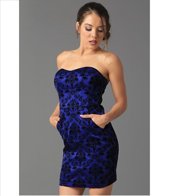 Teeze Me Womens 1/2 Royal Blue Black Zip Up Sweetheart Damask Flocked Dress  NEW | eBay