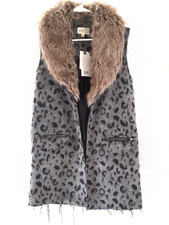 Women's Jolt Leopard Print Detachable Faux Fur Collar Vest Fringe Raw Hem Sz Xs