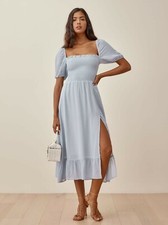 Reformation Midi dress, fully smocked bodice, light blue/mineral, two sizes