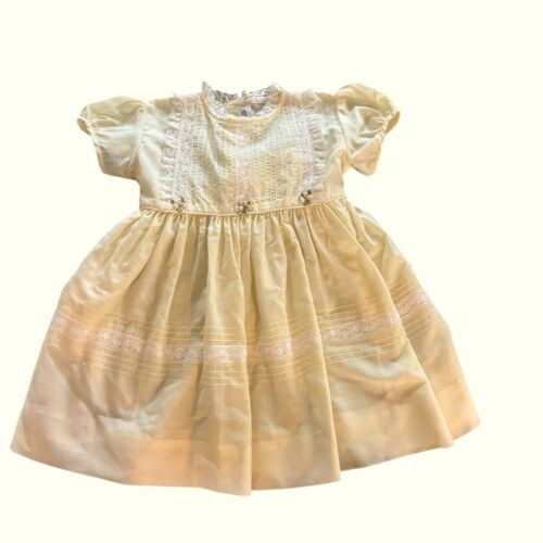 VTG Nanette 60’s Toddler Yellow Dress 2/3T Lace Puff Sleeve Empire Waist Bow