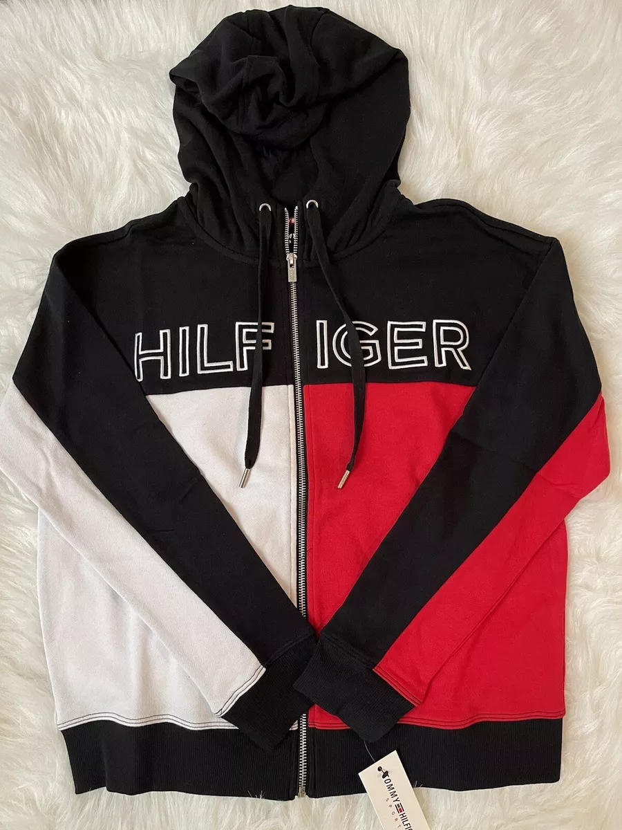 Tommy Hilfiger Womens Red White Black Full Zip Hoodie Sweatshirt Size Small