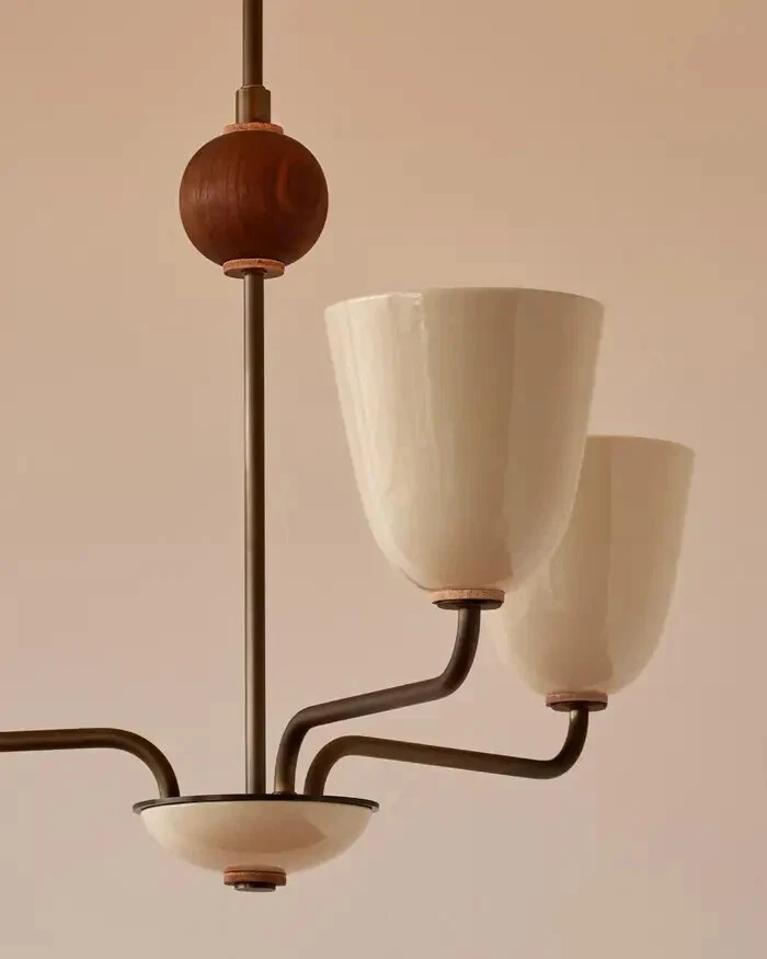 Glossy Cream Ceramic Lola Chandelier in Antique Brass 3-Arm 32.5" DIA - Image 4 of 4