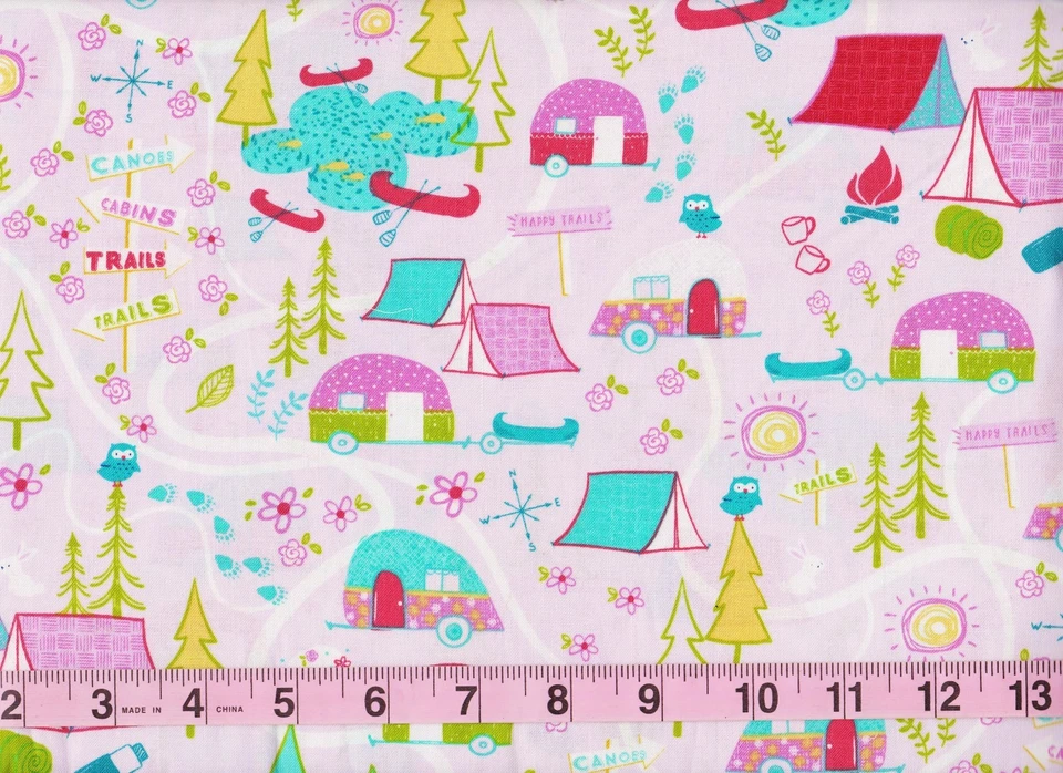 MAPA DE CAMPING POR YARDA con estampado rosa 100 % algodón edredón tela artesanal por yarda Foto 3 de 3