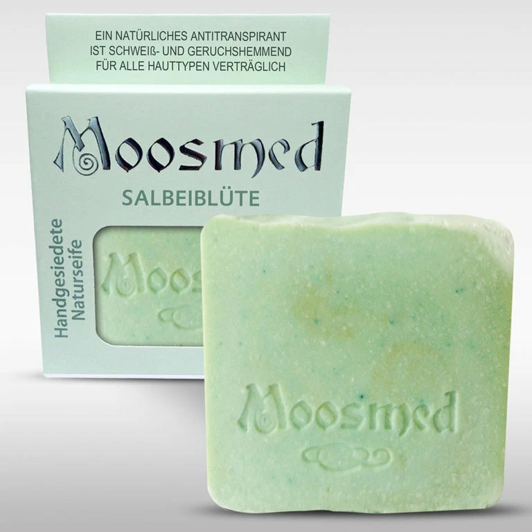 MOOSMED Handgesiedete desodorierende Naturseife auf Naturölbasis "Salbeiblüte" vegan
