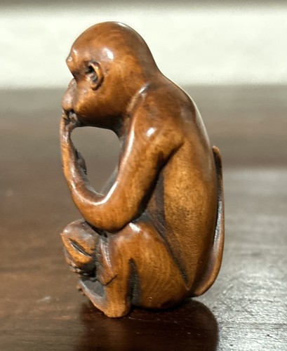 Netsuke Monkey Kikazaru Carving Tsuge Sagemono Japanese Amulet Antique - Picture 4 of 12