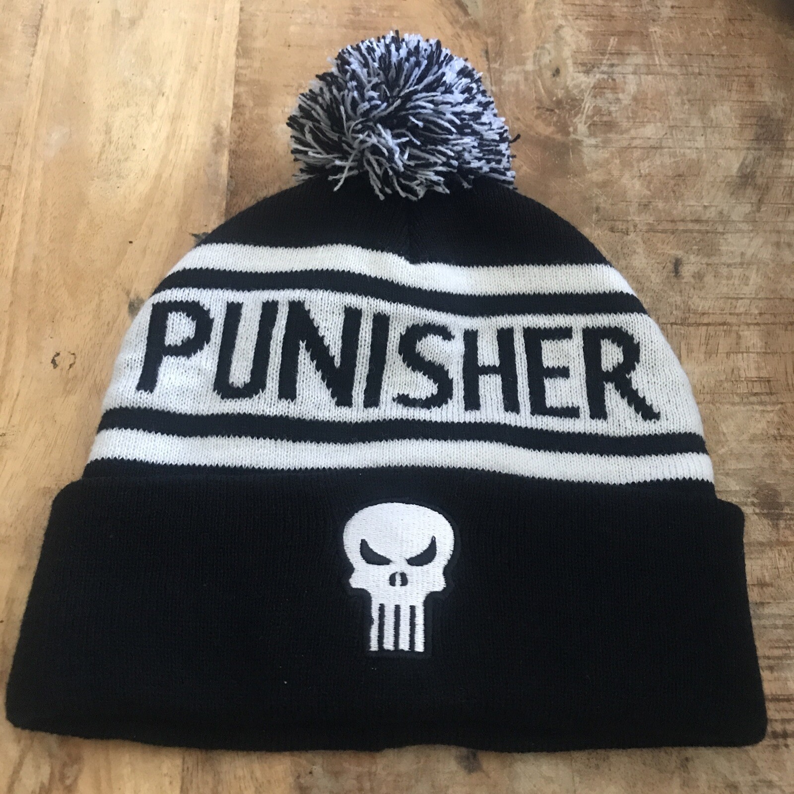 Marvel Punisher Skull Beanie with Black White Pom Pom