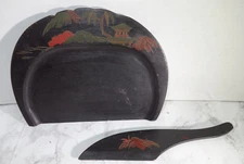 Vtg Japanese Carved Wood Crumb Catcher Pan,Wooden Scraper Silent Butler Japan