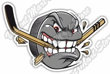 Hockey Puck Bites Breaks Stick Skate NHL Car Bumper Vinyl Sticker Decal 5"X3.6"