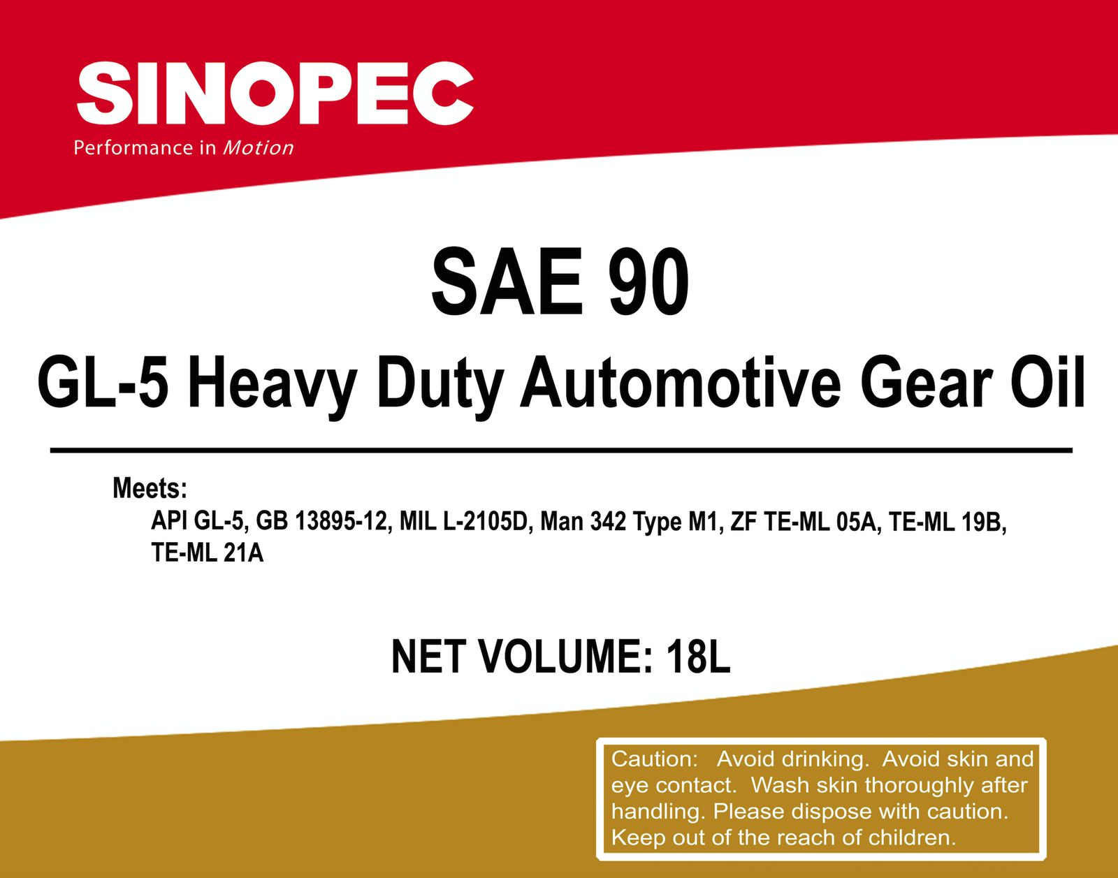Sinopec GL5 SAE 90 Heavy Duty Automotive Gear Oil 5 Gallon Pail (18L