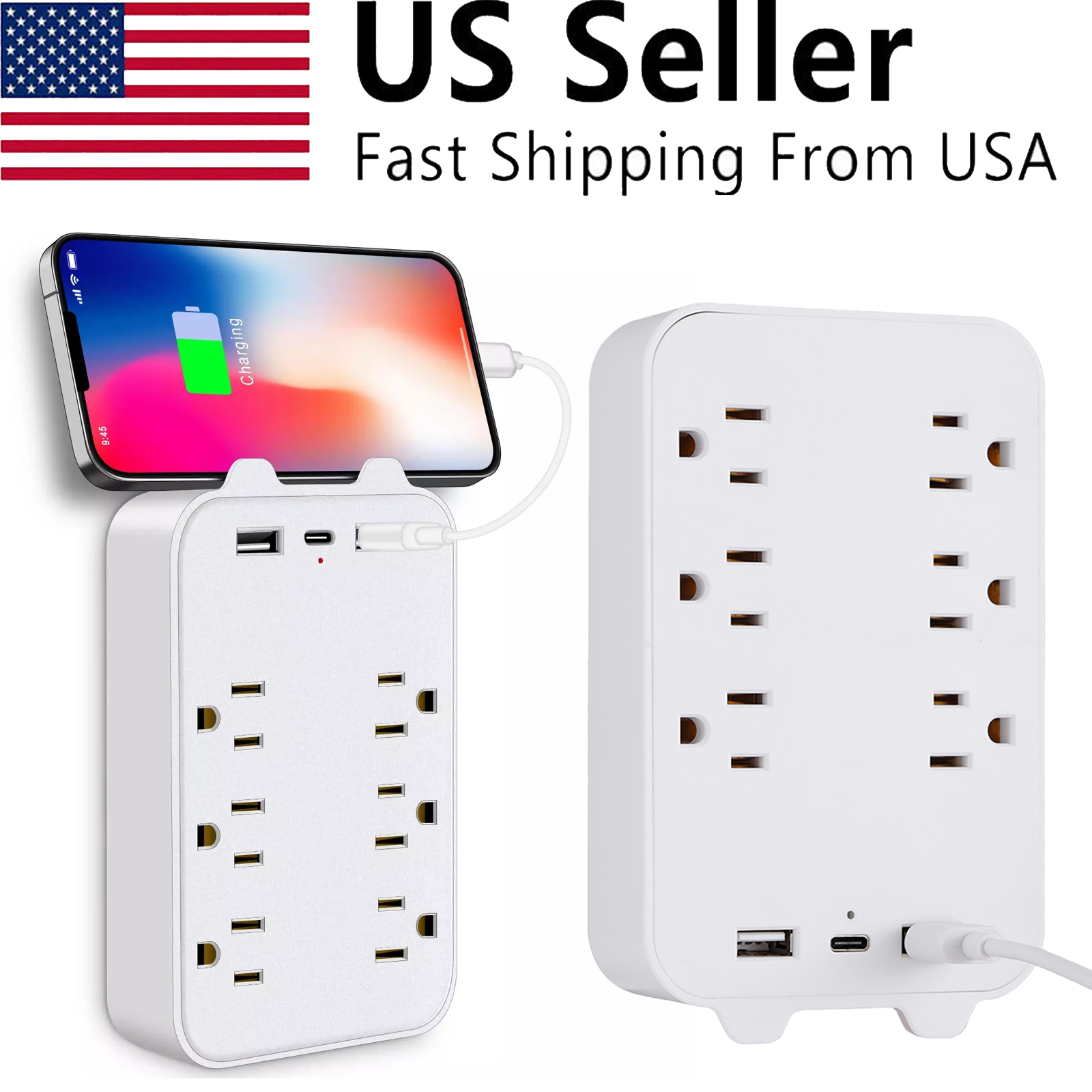 Surge Protector Outlet Extender Multi 6 AC Plug + 2 USB Charger Wall Adapter-image