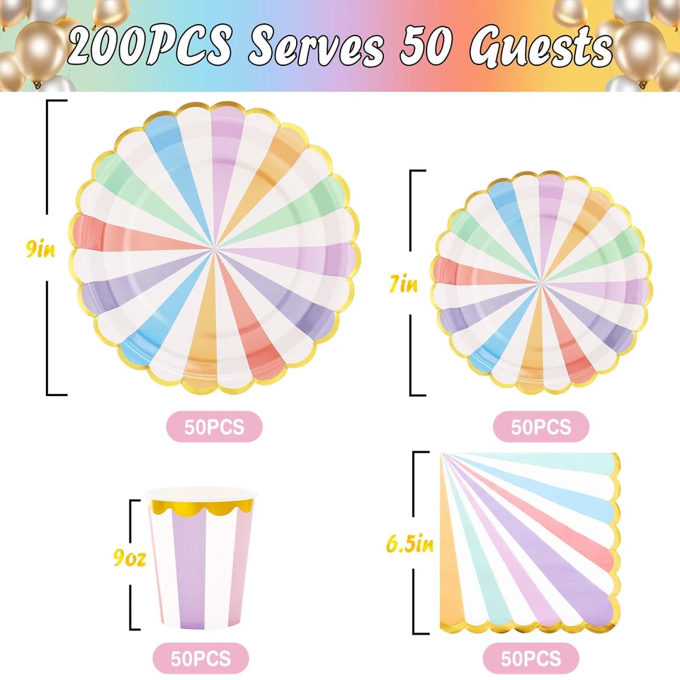 200 PIEZAS Pastel Suministros de Fiesta Platos de Papel y Servilletas Tazas Lámina Dorada Vieira... Foto 2 de 4