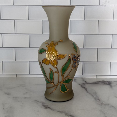 Vintage Norleans Vase Satin Glass Hand Painted Floral Italian Flowers Cloisonné?