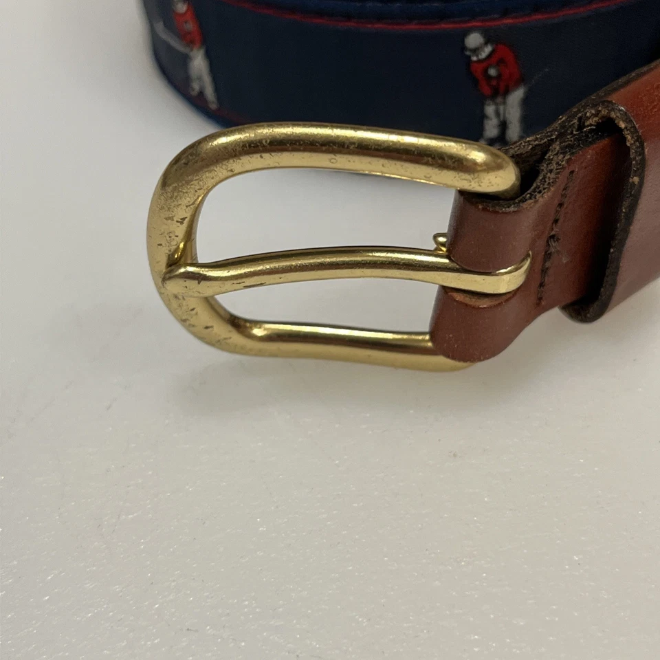 Leather Man Belt Men 36 Golf Ribbon Cotton Web Brown Leather Essex CT USA Made - Image 2 of 4