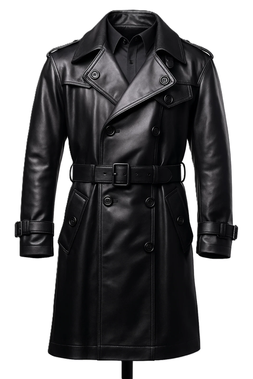 Men’s Long Black Genuine Leather Trench Coat Vintage Double-Breasted Belted Coat - product detail image 3