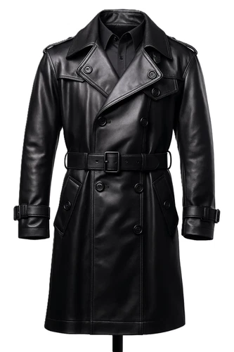 Men’s Long Black Genuine Leather Trench Coat Vintage Double-Breasted Belted Coat image 3