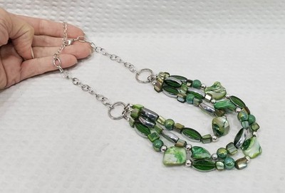 Vtg. Shades of Green Crystal & MOP Bead Silver Tone Multi Strand Choker Necklace