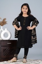 Girls Ethnic Kurta Set Gold Foil Elephant Print Kurti Pant Dupatta Suit 3 Pc