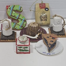 7 Sweet Dessert Ornaments With 2  S'mores Snowmen Cake Pie Cookie and Coffee