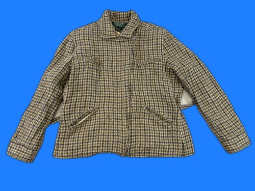 LAUREN RALPH Vintage Plaid Wool Jacket Womens 12P Beige Black Long Fleece