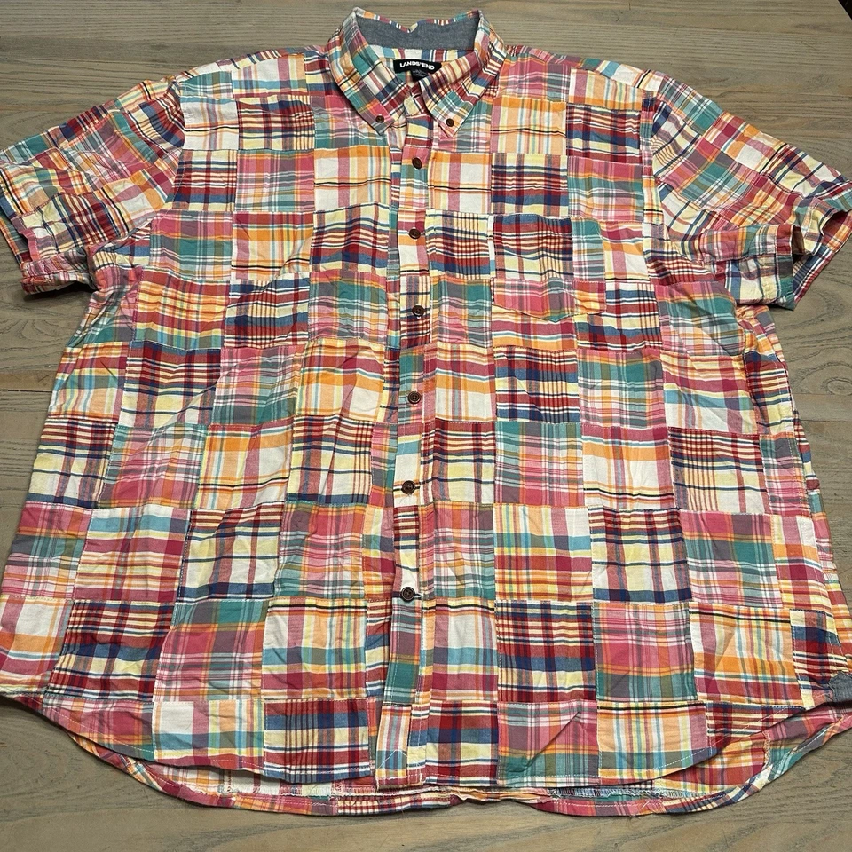 Lands End Madras Patchwork Plaid Button Up Shirt Mens XXL S/S Traditional Fit - Image 2 of 4