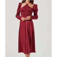 ASTR The Label Burgundy Satin Ruched Halter Neck Puff Sleeve Midi Dress Size S