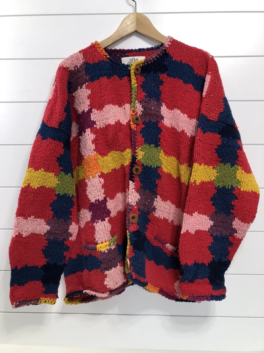 Amano Womens Vintage Chunky HandKnit Multicolor Sweater Cardigan One Size Pocket