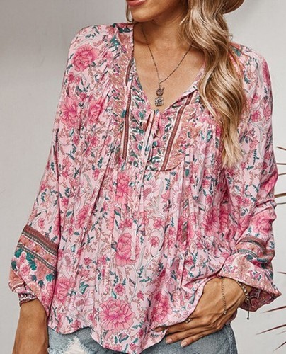 Plus Size Womens Floral Boho Tunic Tops Shirt Long Sleeve Casual Loose Blouse - Picture 15 of 21