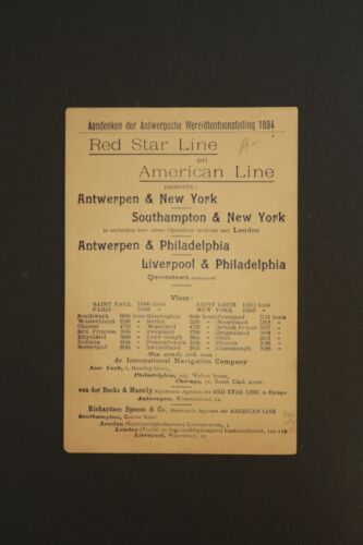 Red Star Line Trade Card 5.5" Antwerp World Exhibition Fair 1894 American Line - Picture 2 of 2