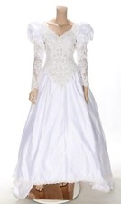 Mon Cheri Vintage 80s 90s White Satin Alencon Lace Long Sleeve Wedding Dress 8