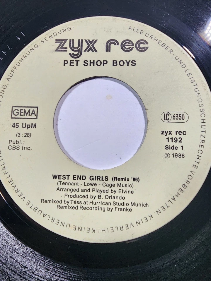 PET SHOP BOYS "WEST END GIRLS / HURRICANS "TO THE PET SHOP BOYS" 1986 ZYX VG+ F2 - Image 2 of 2