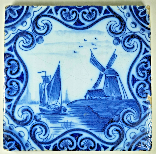 DESVRES 6 ANCIENS CARREAUX de CÉRAMIQUE en FAÏENCE ÉMAILLÉE BLEU XIXème - Photo 4 sur 9