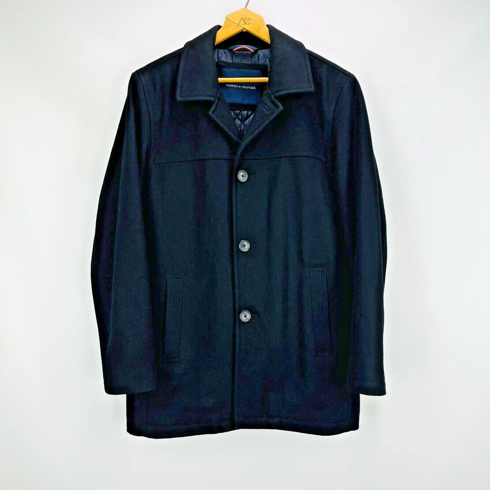 Tommy Hilfiger Men’s Black Wool Melton Topcoat Car Overcoat Peacoat Size M-READ - Image 2 of 4