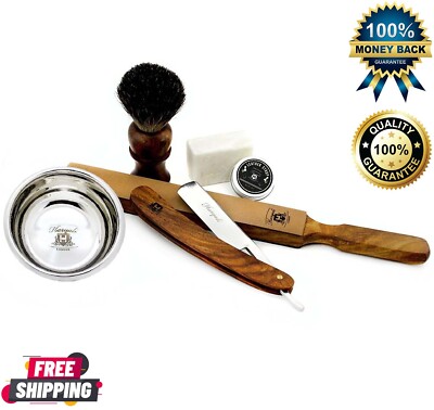 Herren Rasierset Cut Throat Straight Razor Dachs Pinsel Holzriemen Schale & Alaun