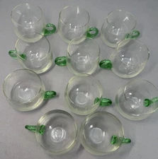 Green Handled Crystal Punch Cups Hand Blown Set of 4 St Patricks Day 3" H