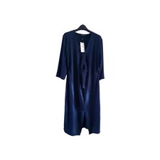 Zara Midi Dress Relaxed Boho Knotted Tie Front Dark Navy Silky Flowy Size L New