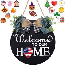 Front Door Welcome Sign Interchangeable Hanging Wreath Outdoor Wall Decor Spring