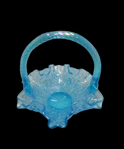 Fenton 1990 Blue Twist Handle Basket Opalescent Glass Ruffle Edge Peacock Flower