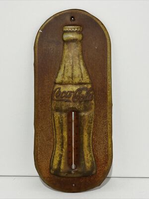 Vintage 1930s Coca-Cola Red & Gold Advertising Thermometer Christmas Bottle 16x7