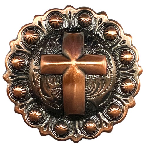 WESTERN SADDLE HEADSTALL HORSE TACK COPPER ENGRAVED CROSS BERRY CONCHO screwback